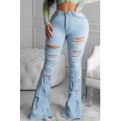 lovely Trendy Hollow-out Baby Blue Plus Size Jeans