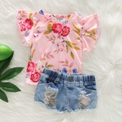 lovely Sweet Print Pink Girl Two-piece Shorts Set