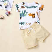 lovely Casual O Neck Print White&nbsp;Boy Two-piece Sho