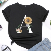 lovely Casual O Neck Print Black Plus Size T-shirt
