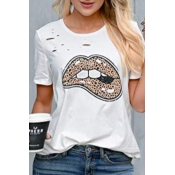 lovely Casual O Neck Lip Print White Plus Size T-s