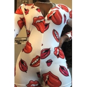 Lovely Trendy Lip Print White Plus Size One-piece 