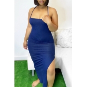 lovely Sexy Backless Blue Ankle Length Dress