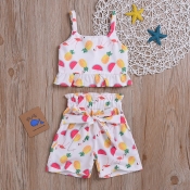 lovely Sweet Print White Girl Two-piece Shorts Set