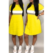 lovely Casual Patchwork Yellow Mini Plus Size Dres