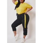 lovely Casual Patchwork Yellow Plus Size Two-piece