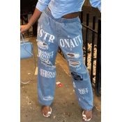 lovely Casual Letter Baby Blue Jeans