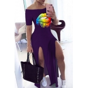 LW Casual Lip Print Purple Maxi Dress