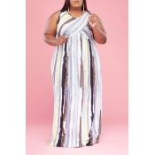 lovely Casual Striped Print White Maxi Plus Size D