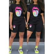 lovely Casual Lip Print Black Two-piece Shorts Set