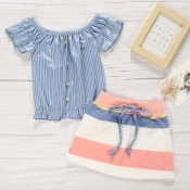 LW Girl Casual Striped Blue Two-piece Skirt Set