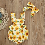 lovely Sweet Floral Print Yellow Girl One-piece Ro