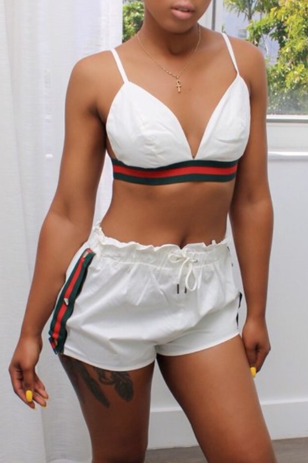 

lovely Sexy Spaghetti Strap Patchwork White Two-piece Shorts Set