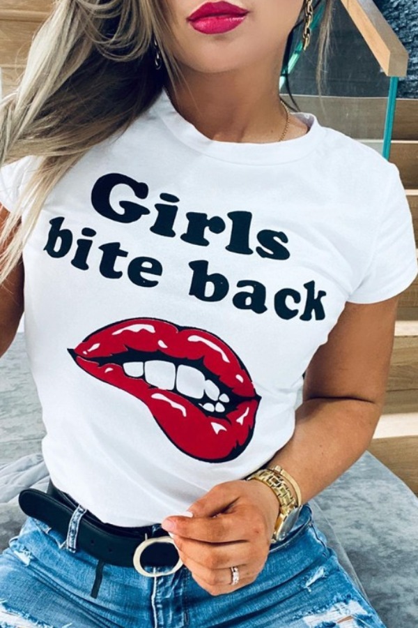 

lovely Casual O Neck Lip Print White T-shirt