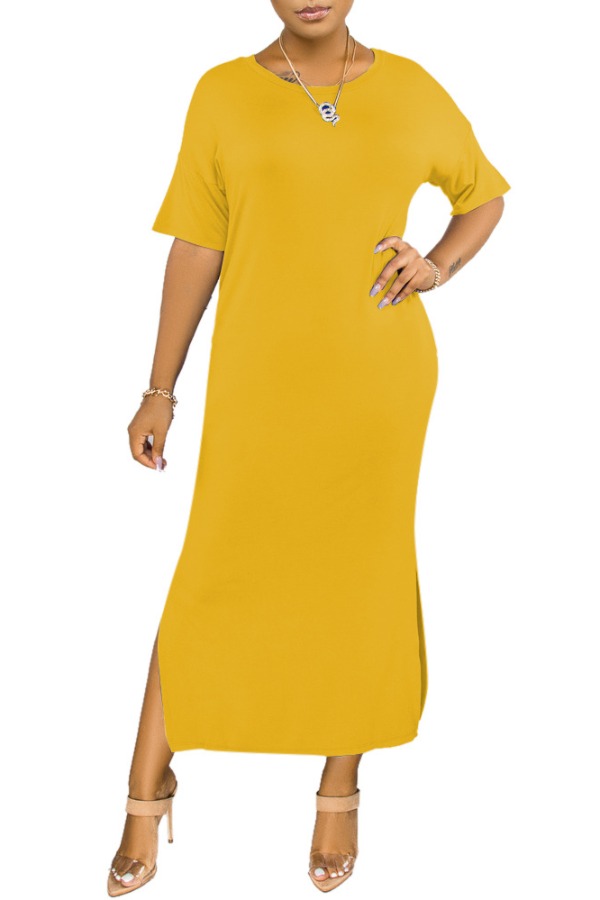 

lovely Casual O Neck Side Split Yellow Mid Calf Dress