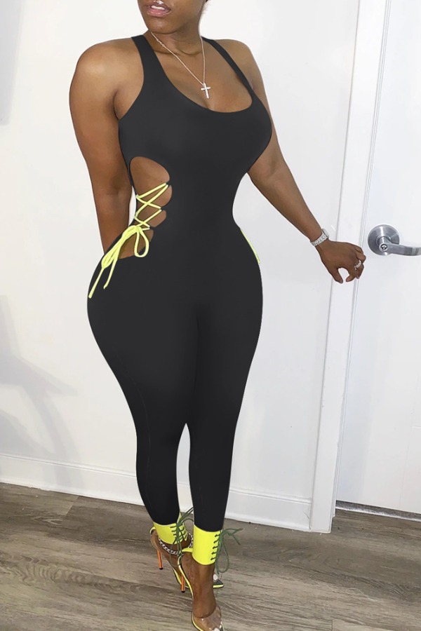 LW Sexy Lace-up Black One-piece Jumpsuit
