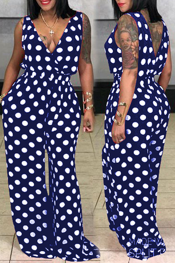 

lovely Polyester Casual Dot Tank Basic Regular Sleeveless V Neck Yes(Elastic) Full Print Plus Size Jumpsuit, Navy blue