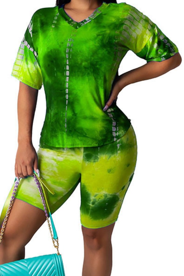 

lovely Polyester Casual Print Regular sleeve Tie-dye Regular Short Sleeve O Neck Yes(Elastic) Full Print Plus Size Twopiece Shorts Set, Green