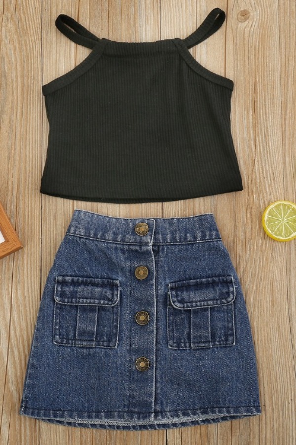 

lovely Trendy Buttons Design Black Girl Two-piece Skirt Set