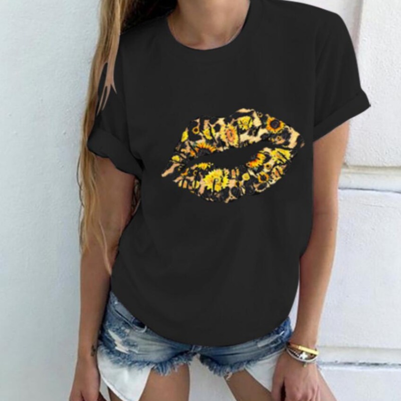 

Lovely Casual O Neck Lip Print Black T-shirt