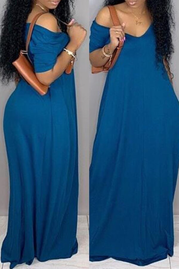 Lovely Casual V Neck Loose Blue Maxi Plus Size Dress