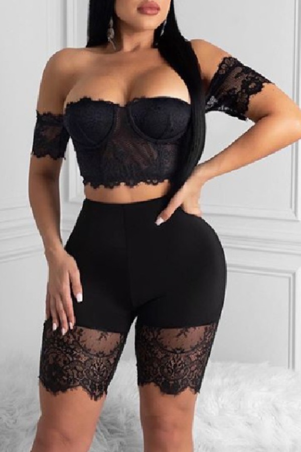 

lovely Sexy Off The Shoulder Patchwork Black Two-piece Shorts Set