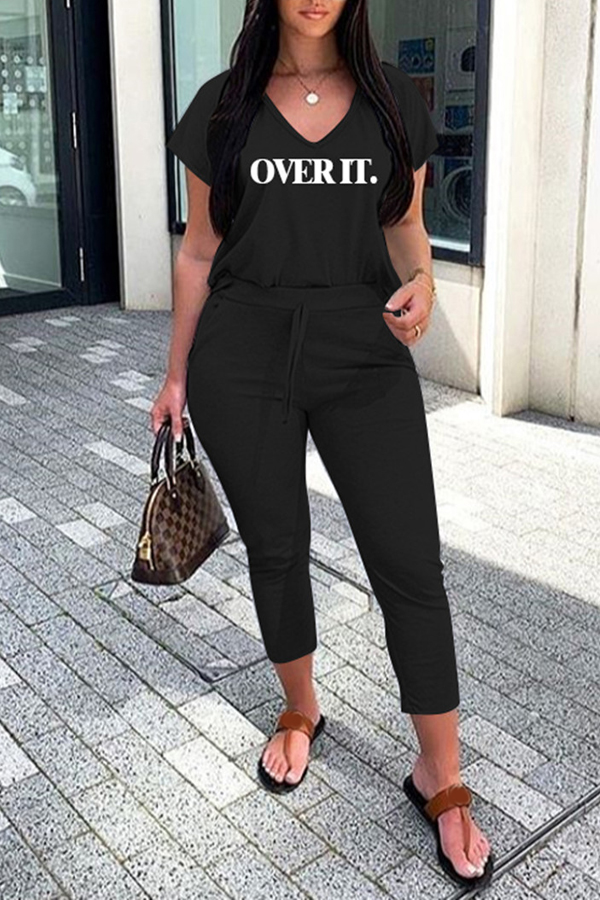 

lovely Casual V Neck Letter Print Black Two-piece Pants Set