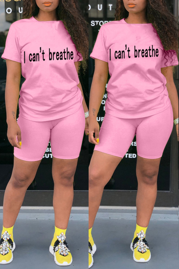 

lovely Casual O Neck Letter Print Pink Two-piece Shorts Set
