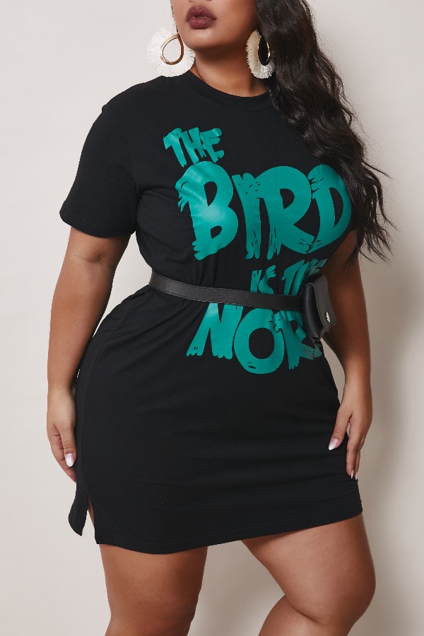 

Lovely Casual O Neck Letter Print Black Mini Plus Size Dress(Without Belt