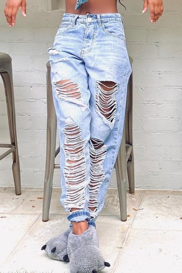 

lovely Casual Broken Holes Babyblue Jeans, Baby blue