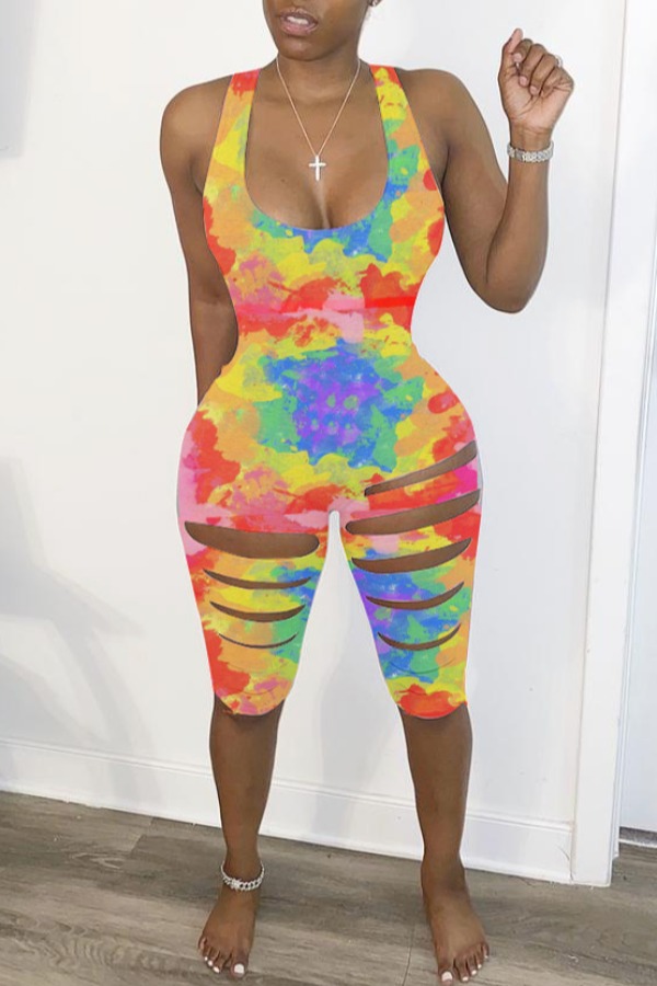 

lovely Leisure Tie-dye Hollow-out Yellow One-piece Romper
