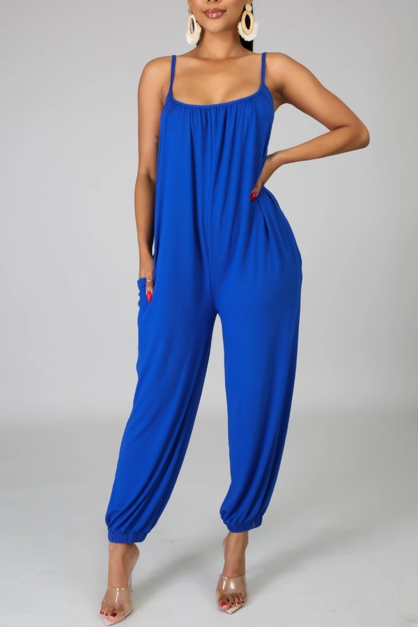 

lovely Leisure Spaghetti Strap Backless Blue One-piece Jumpsuit