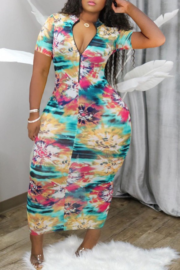 

lovely Casual Print Multicolor Ankle Length Plus Size Dress, Multi
