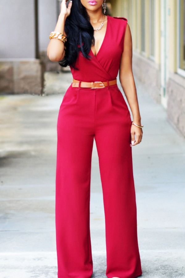 

lovely Stylish V Neck Red One-piece Jumpsuit(Without Belt