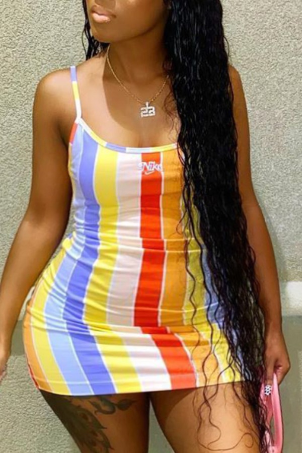

lovely Casual Spaghetti Striped Print Multicolor Mini Plus Size Dress, Multicolor stripe