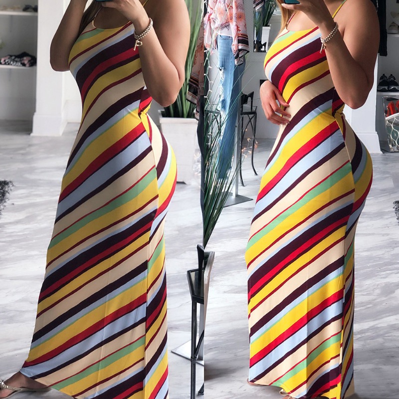 

Lovely Casual Spaghetti Strap Striped Print Multicolor Plus Size Maxi Dress, Multi
