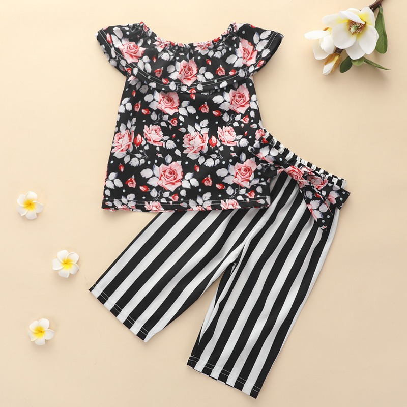 

lovely Trendy O Neck Floral Print Black Girl Two-piece Pants Set