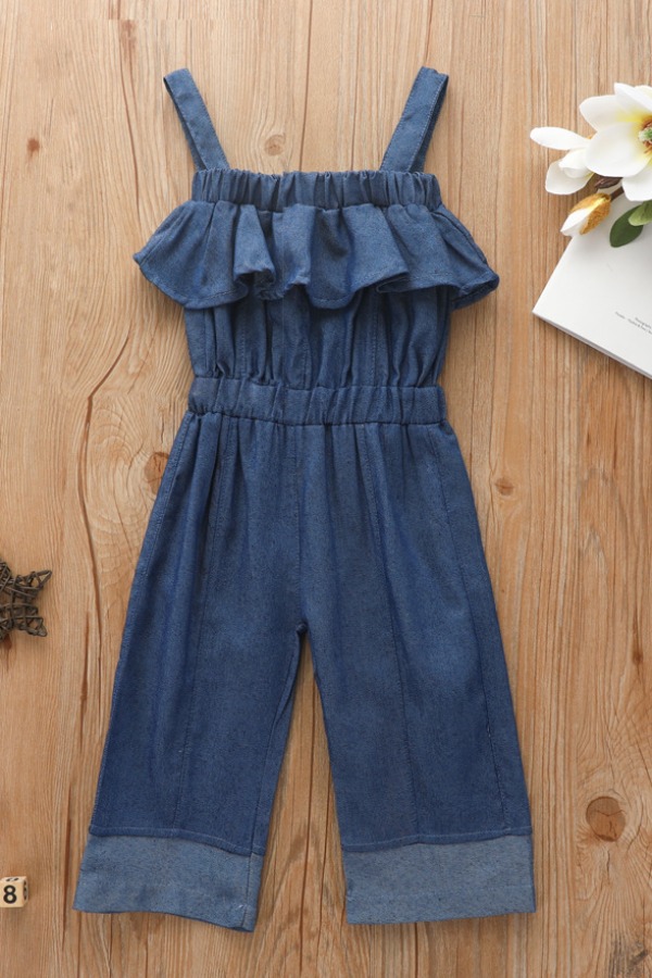 

lovely Stylish Spaghetti Strap Flounce Design Deep Blue Girl One-piece Jumpsuit