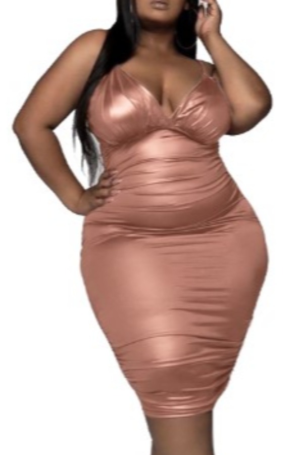 

Lovely Stylish Fold Design Khaki Knee Length Plus Size Dress