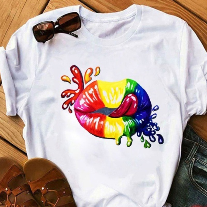 

lovely Casual O Neck Lip Print Multicolor T-shirt, Multi