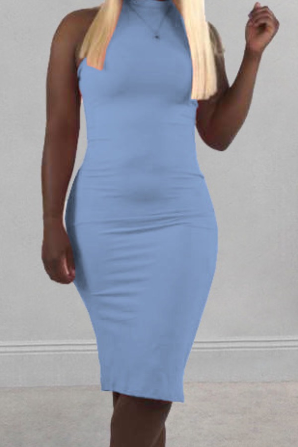 

lovely Casual Basic Skinny Baby Blue Knee Length Dress