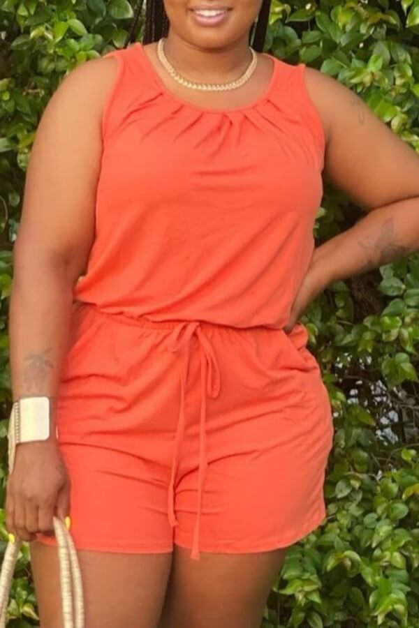 

Lovely Casual O Neck Drawstring Design Orange One-piece Romper
