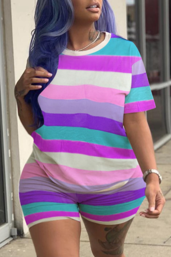 

LW Plus Size Casual Striped Purple Two-piece Shorts Set