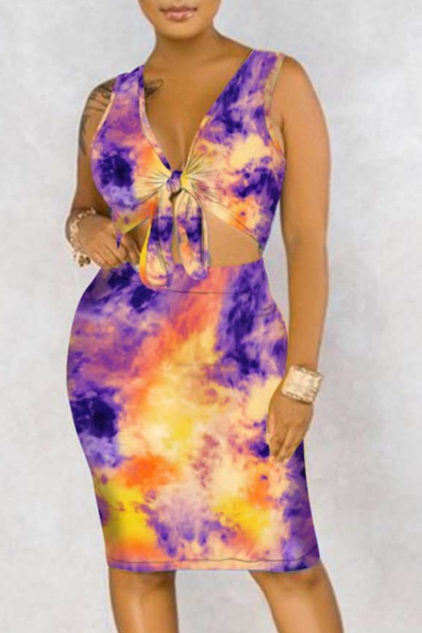 

lovely Stylish Tie-dye Purple Knee Length Dress