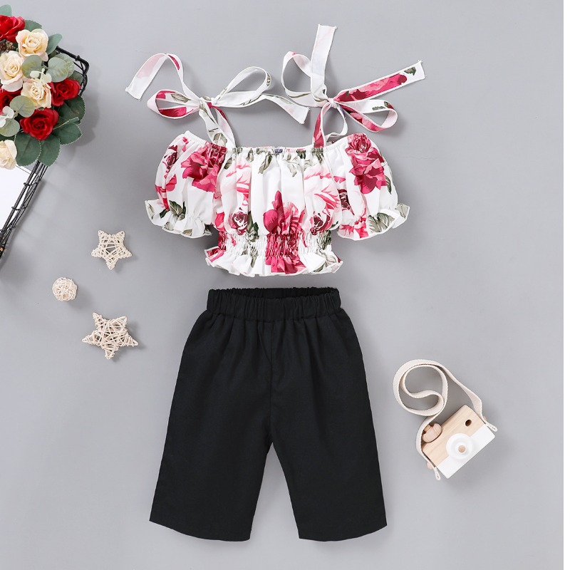 

lovely Casual Plants Print Black Girl Two-piece Pants Set