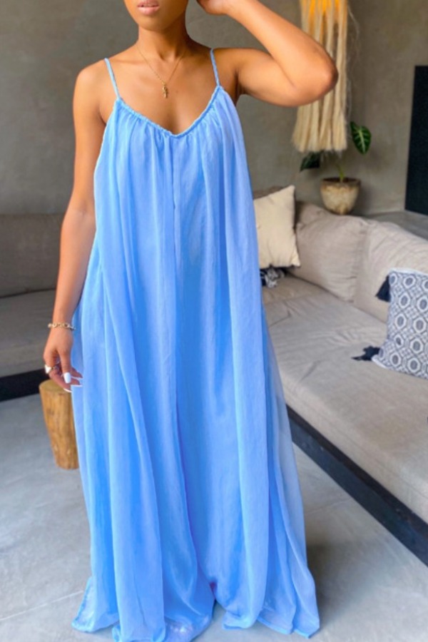 

Lovely Casual Loose Fold Design Blue Maxi Plus Size Dress