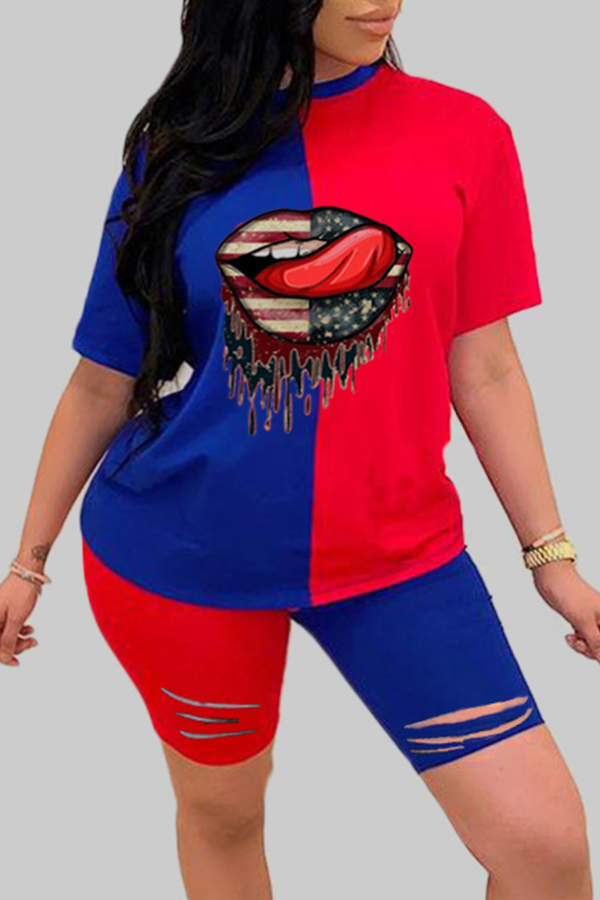 

Lovely Casual O Neck Letter Print Patchwork Blue Plus Size Two-piece Shorts Set