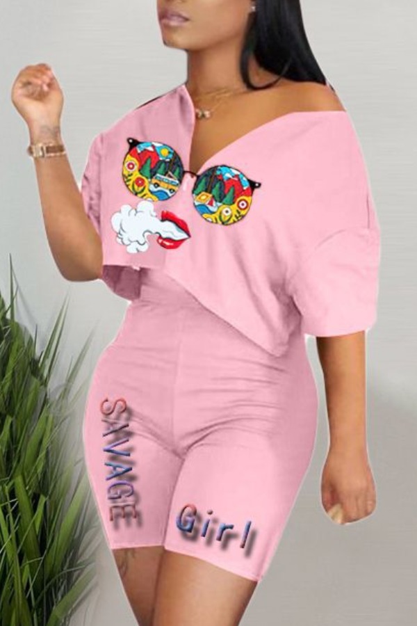 

lovely Casual Print Pink Two-piece Shorts Set