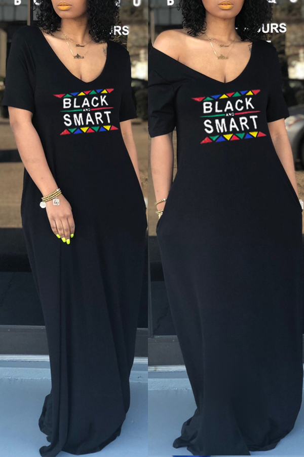 

lovely Casual V Neck Letter Print Black Maxi Dress