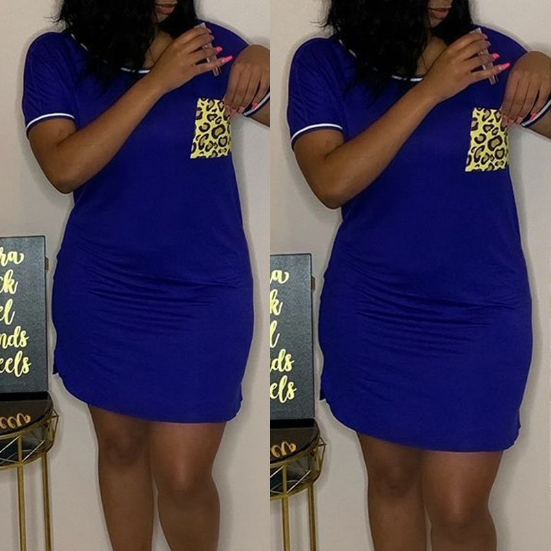 

lovely Casual O Neck Pocket Patched Blue Mini Dress